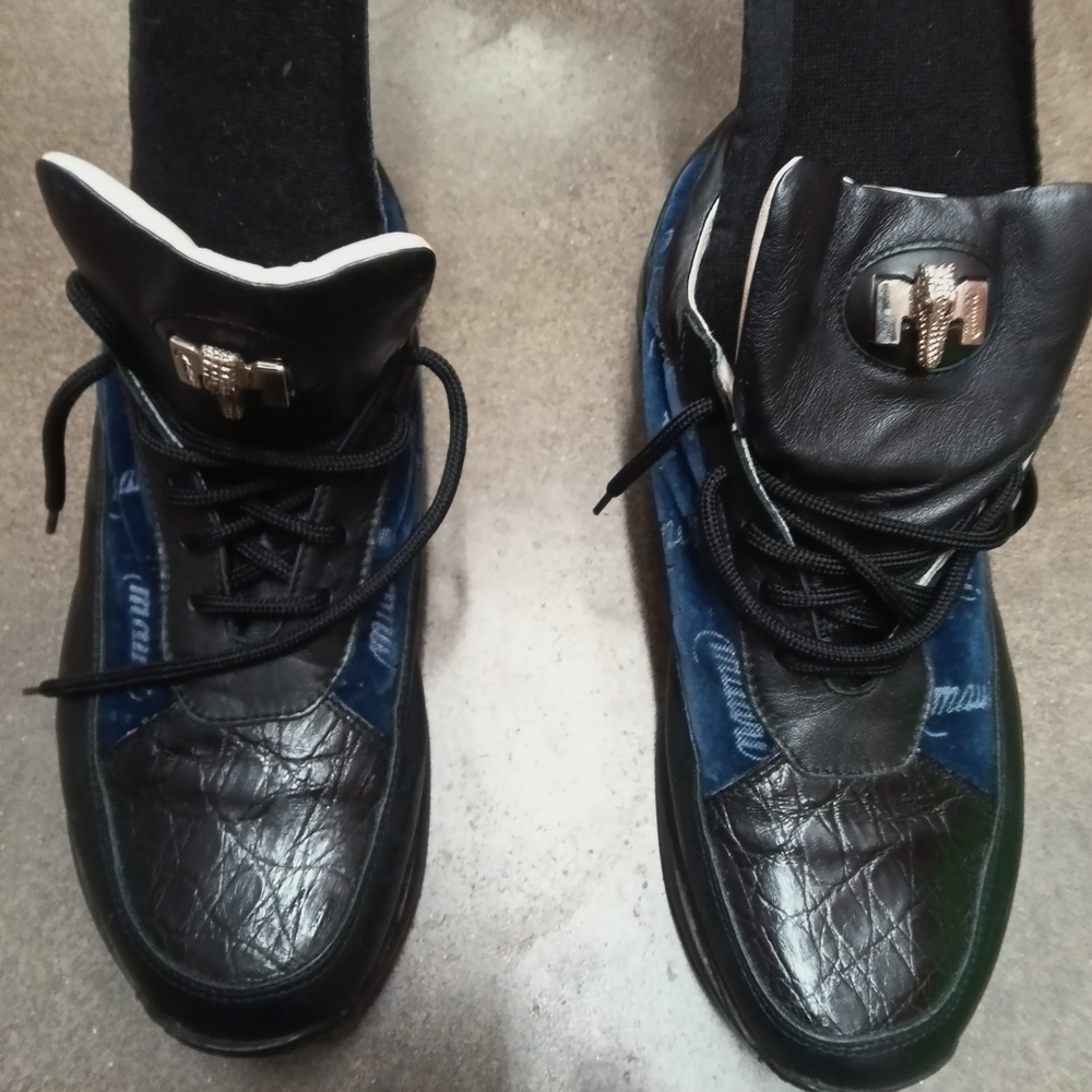 Mauri Black and Blue Leather-Trim Slip-On Sneakers